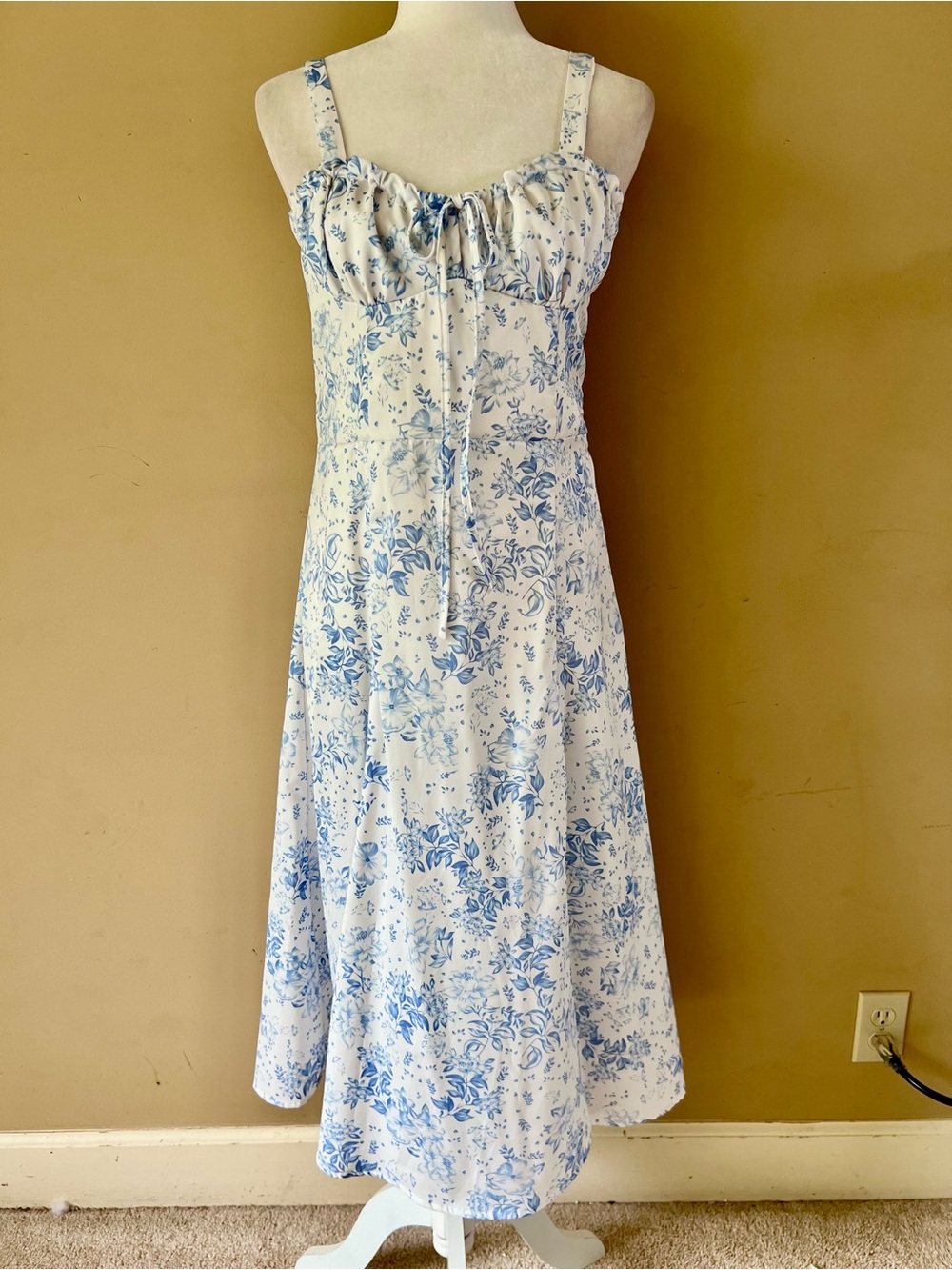 New SHEIN Medium Blue White Long Flower Floral Lace Sun Dress Corset Lace Up